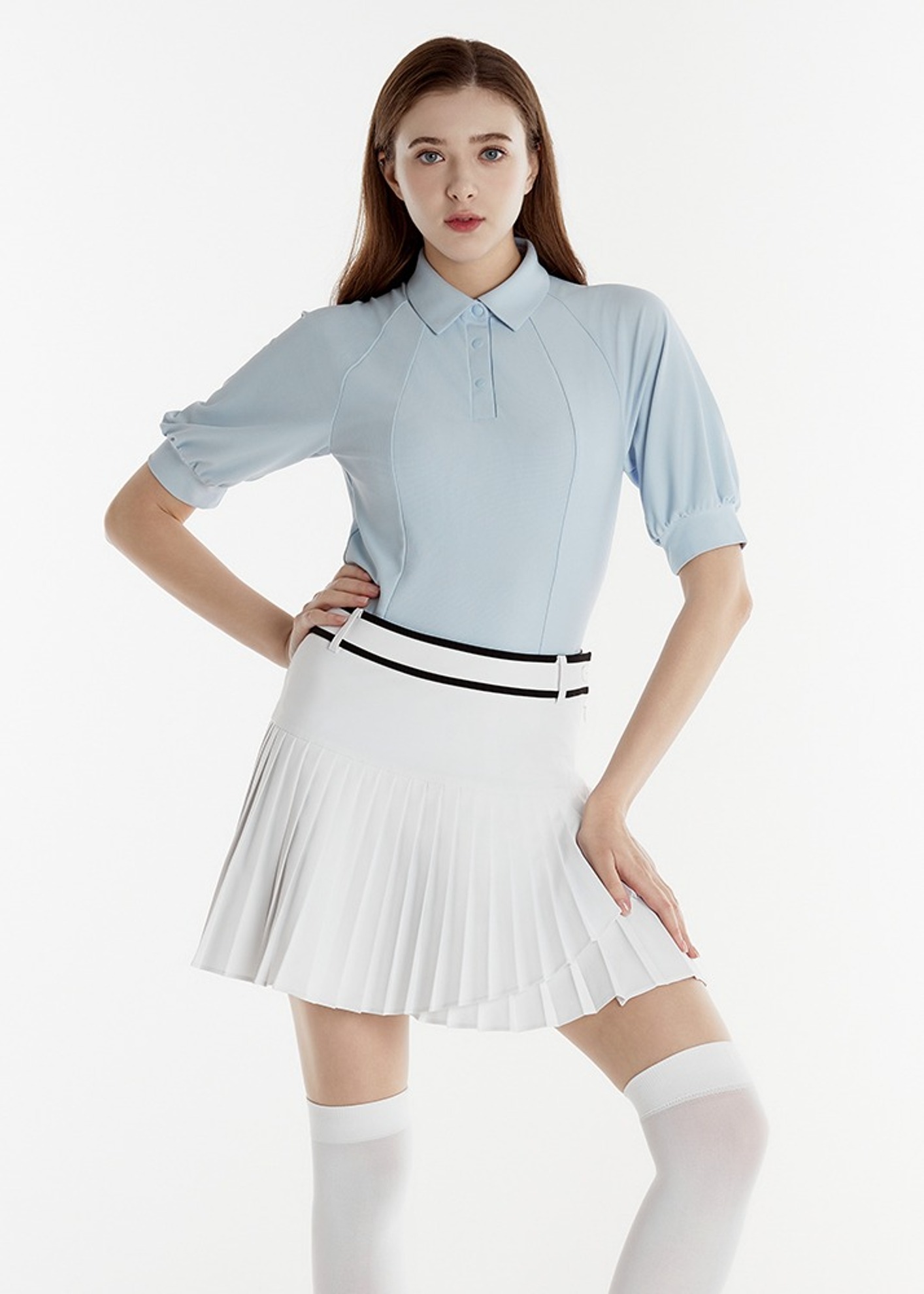 [DU-]  퍼프 소매 슬림핏 Y-카라 티셔츠DE2WTS122M - 3색 S.BLUE/  WHITE/  BLACK